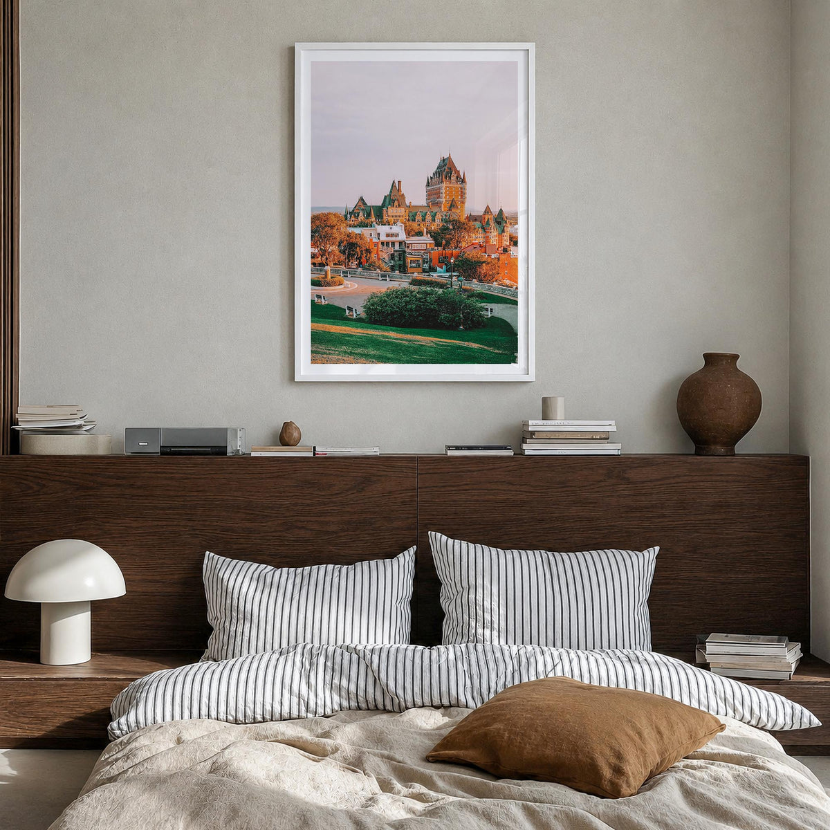 Quebec City colorful photo poster of Quebec, Canada – vertical wall art in white wood frame with white border, hanging on wal