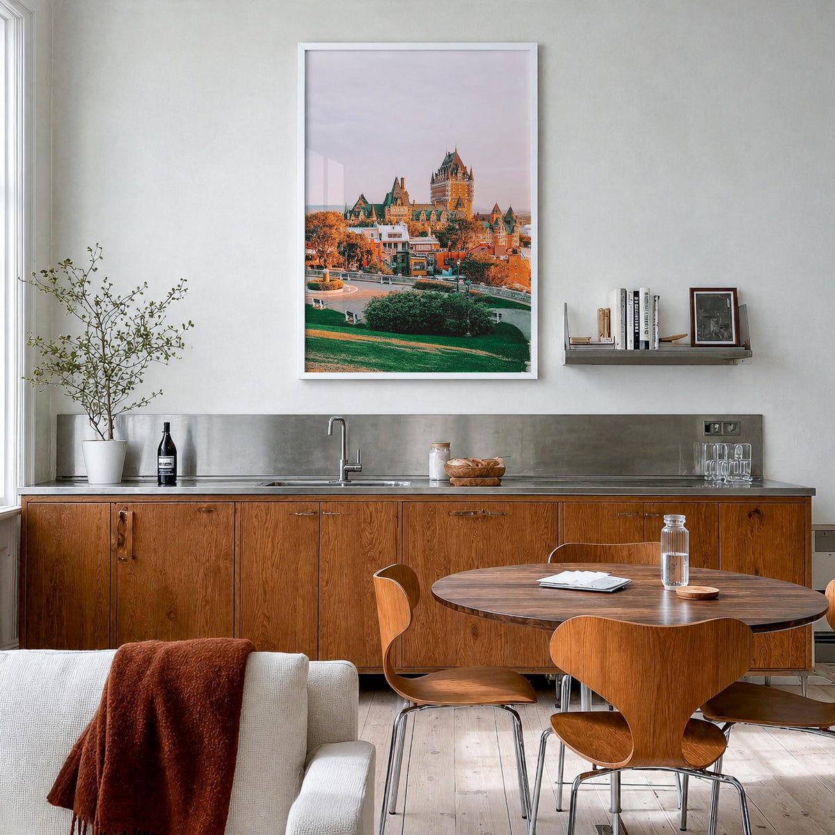 Quebec City colorful photo poster of Quebec, Canada – vertical wall art in white wood frame, hanging on wall