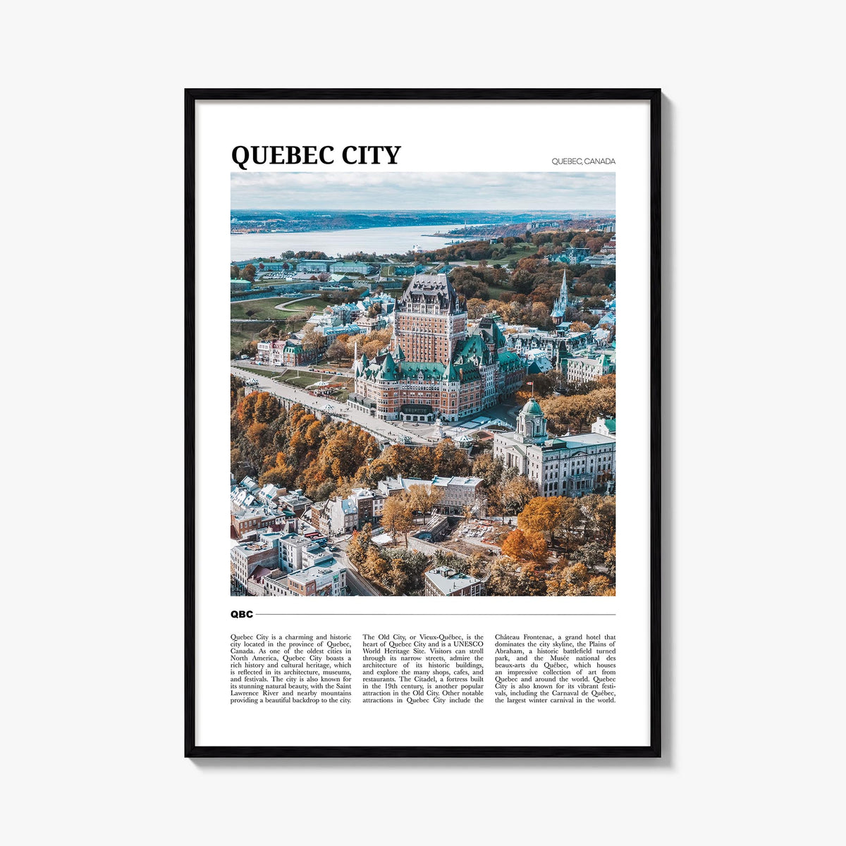 Quebec City colorful travel poster of Quebec, Canada – vertical wall art, unframed print shown in interior mockup