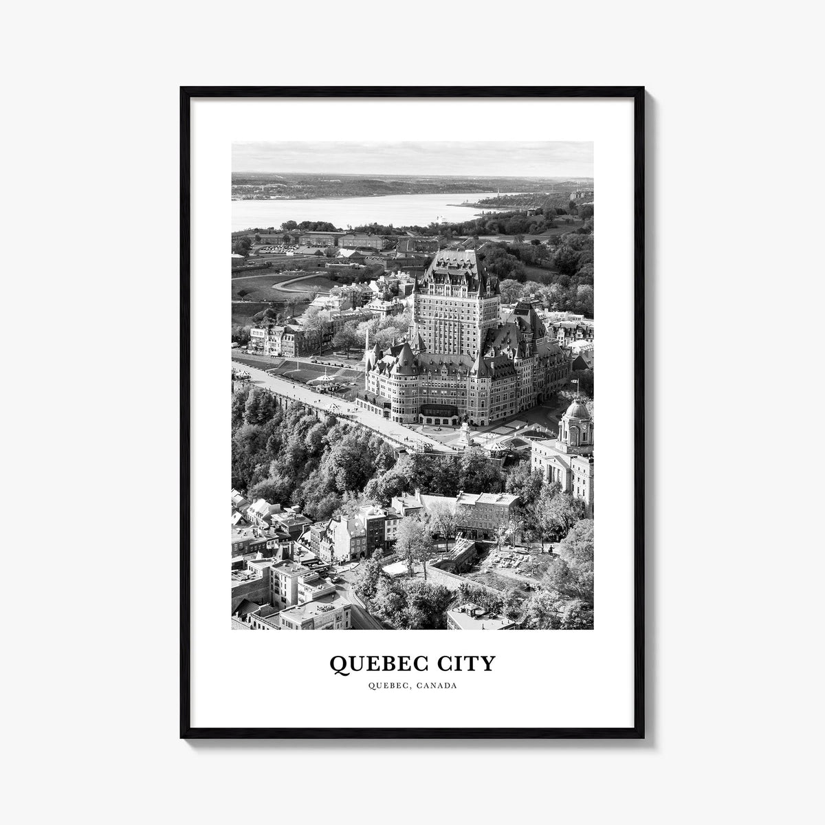 Quebec City no. 1 black & white classic poster of Quebec, Canada – vertical wall art, unframed print shown in interior mockup