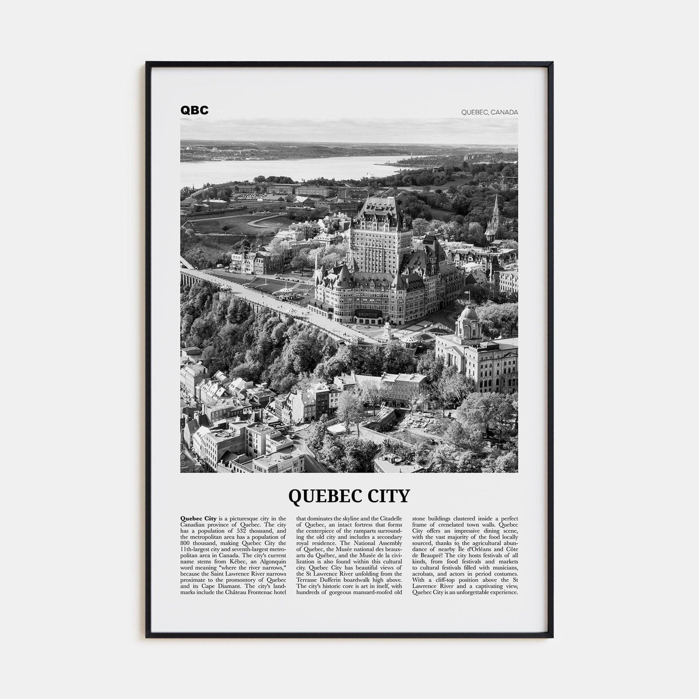 Quebec City No 1 Poster Black Metal / 8x12 in Nbourhood Travel B&W Poster