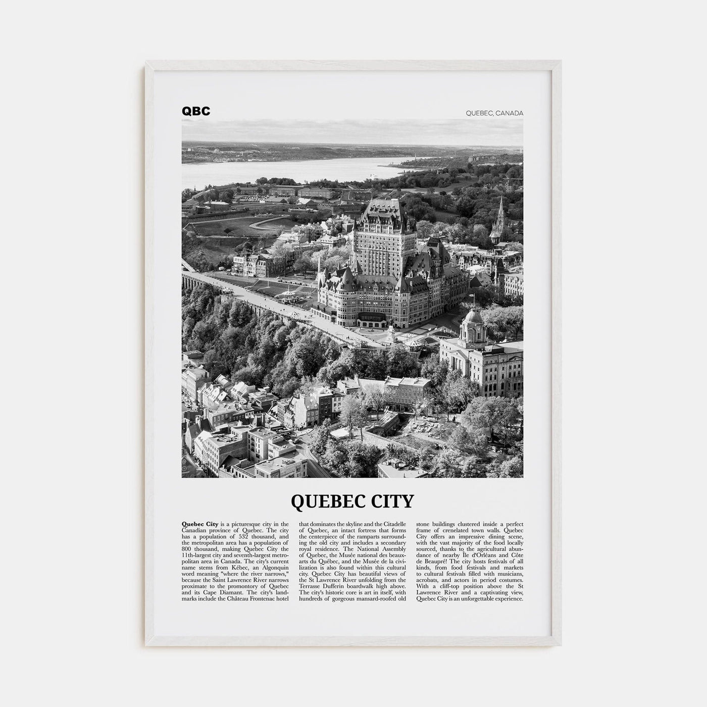 Quebec City No 1 Poster White Wood / 8x12 in Nbourhood Travel B&W Poster