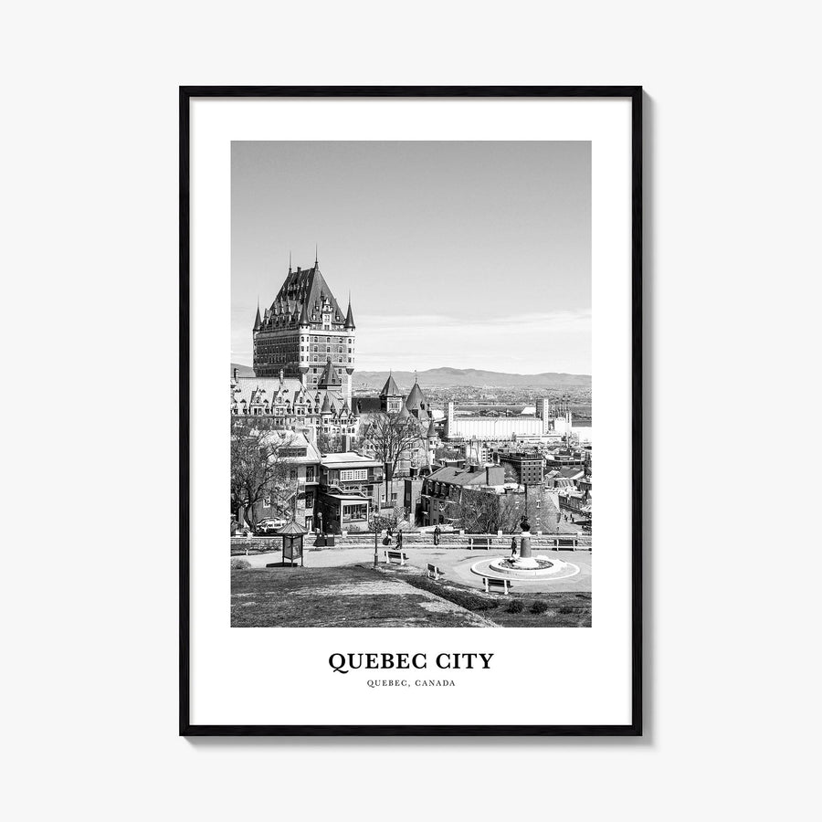 Quebec City no. 2 black & white classic poster of Quebec, Canada – vertical wall art, unframed print shown in interior mockup