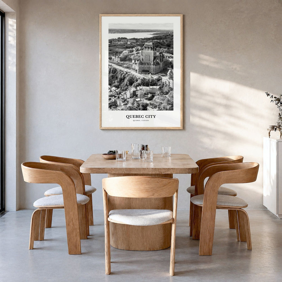 Quebec City Classic No 1 Poster in a natural wood frame, hanging in a dining room