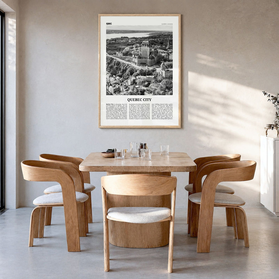 Quebec City Newspaper No 1 Poster in a natural wood frame, hanging in a dining room