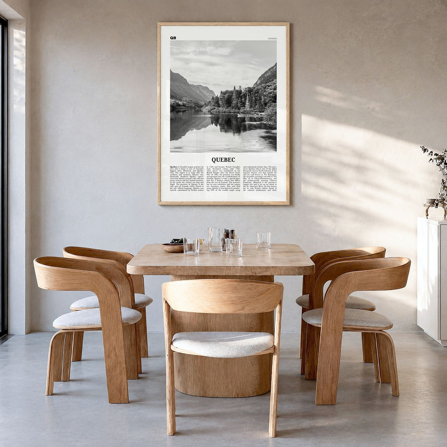 Quebec (Province) Newspaper Poster in a natural wood frame, hanging in a dining room