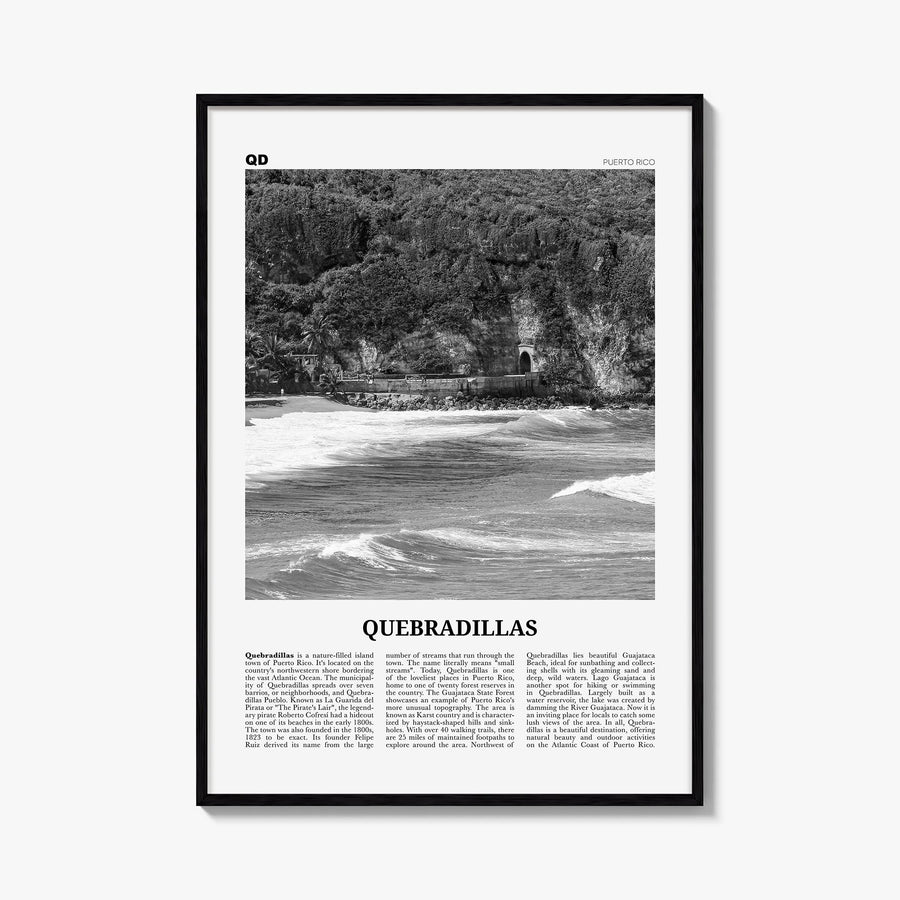Quebradillas black & white newspaper poster of Puerto Rico – vertical wall art, unframed print shown in interior mockup