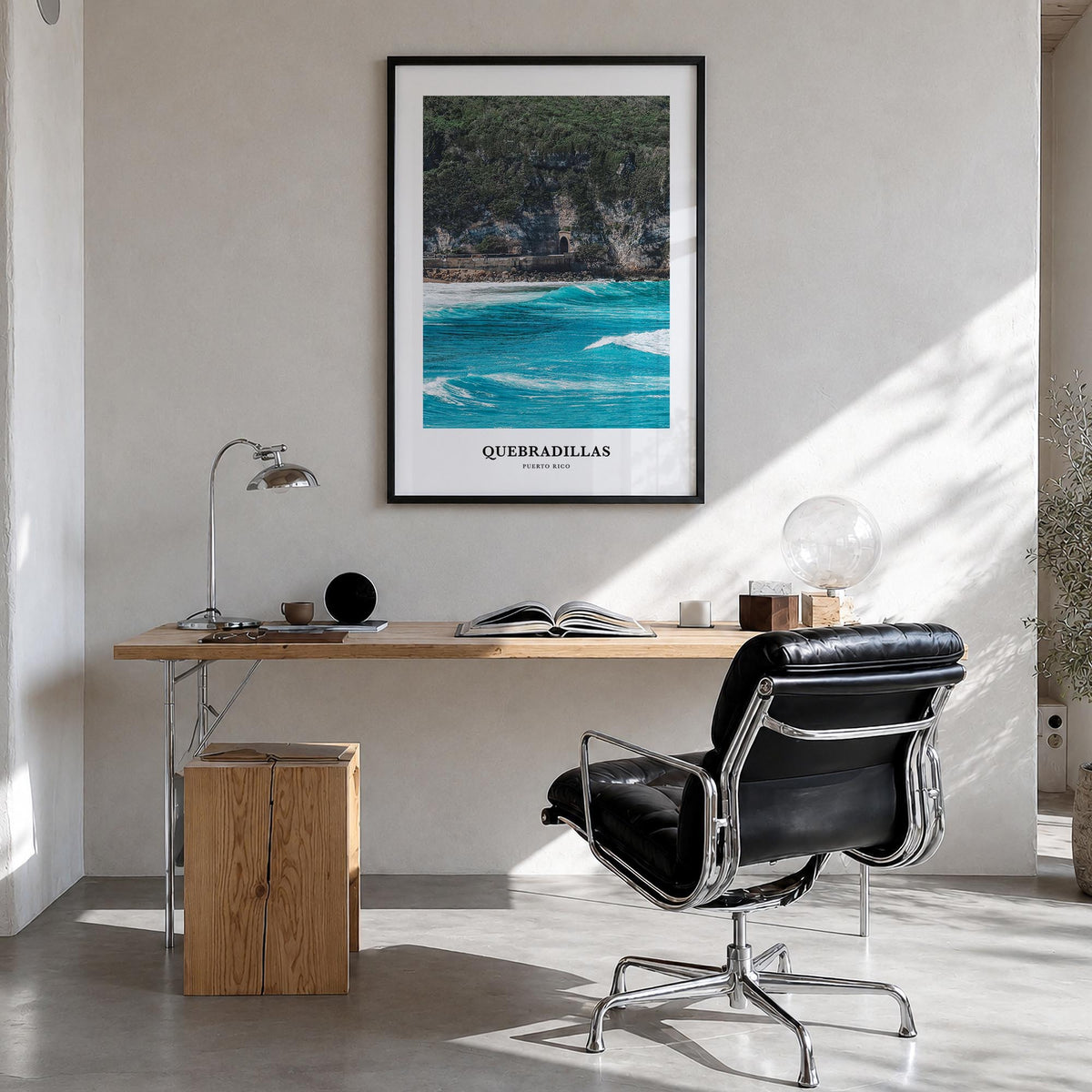 Quebradillas colorful classic poster of Puerto Rico – vertical wall art in black wood frame, hanging on wall