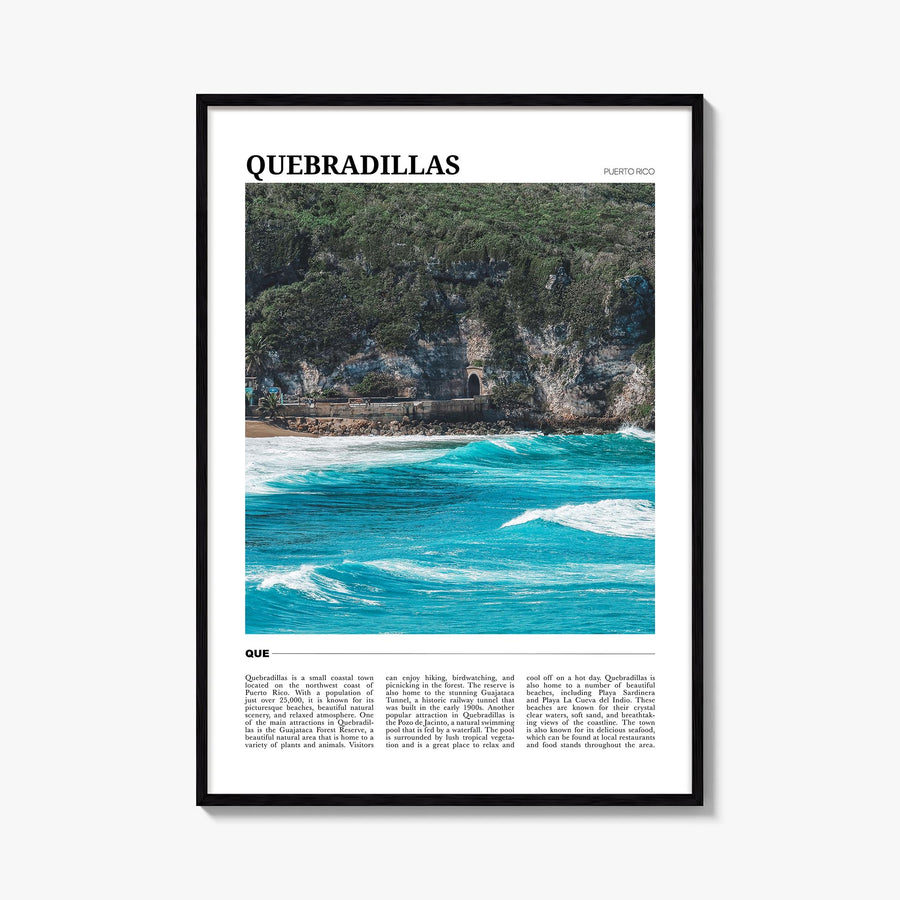 Quebradillas colorful travel poster of Puerto Rico – vertical wall art, unframed print shown in interior mockup
