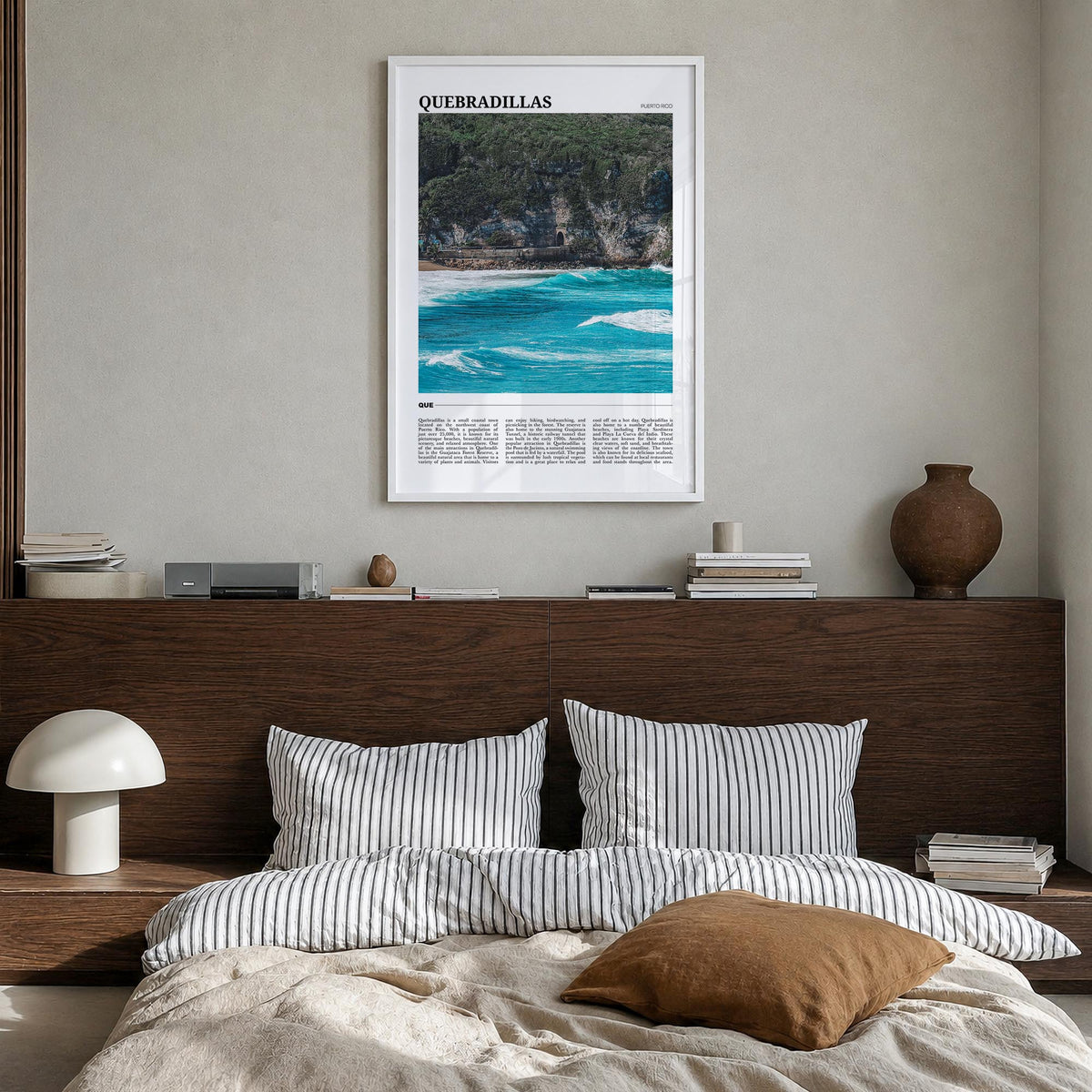 Quebradillas colorful travel poster of Puerto Rico – vertical wall art in white wood frame, hanging on wall