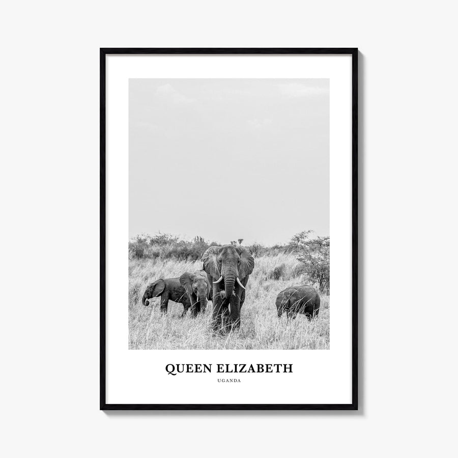 Queen Elizabeth National Park black & white classic poster of Uganda – vertical wall art, unframed print shown in interior mo
