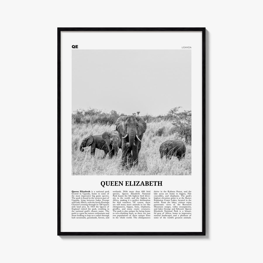 Queen Elizabeth National Park black & white newspaper poster of Uganda – vertical wall art, unframed print shown in interior 