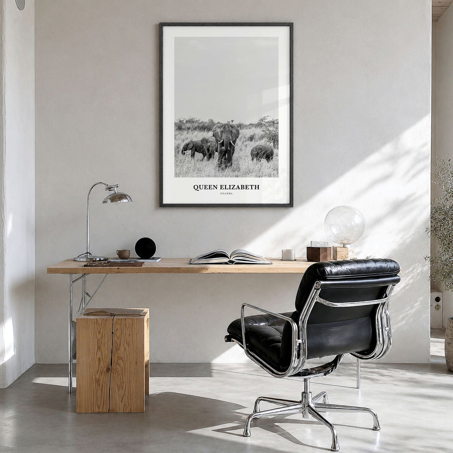 Queen Elizabeth National Park Classic Poster in a black wood frame, hanging in a bright home office