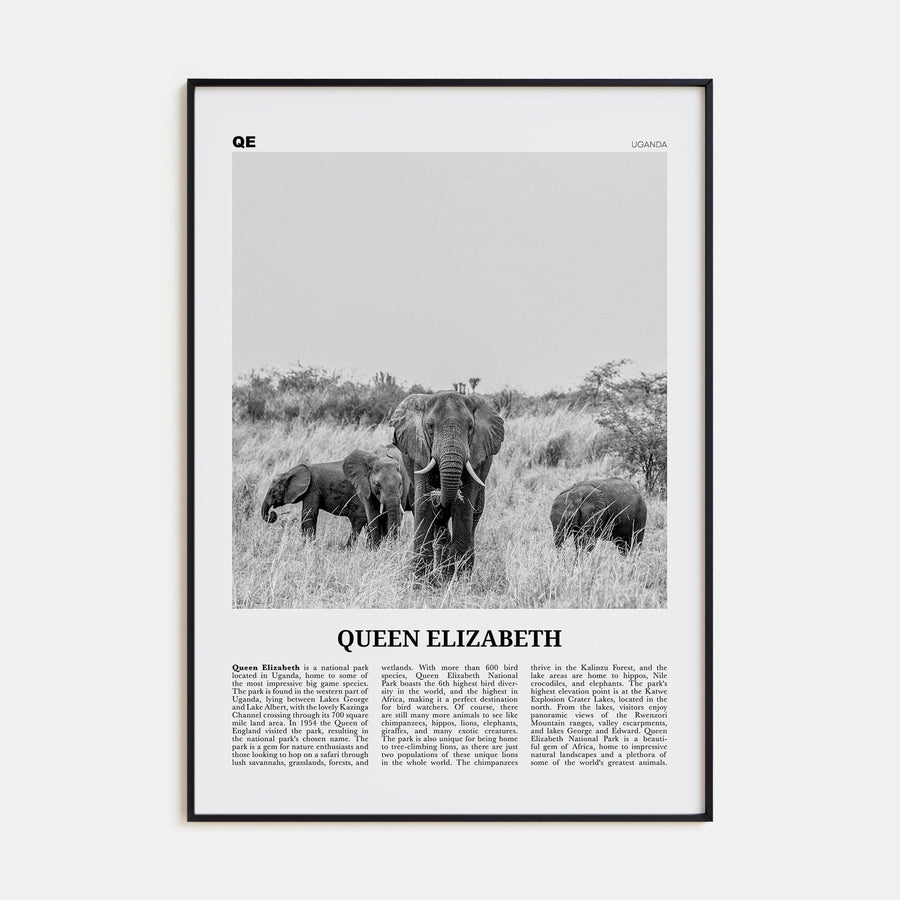 Queen Elizabeth National Park Poster Black Metal / 8x12 in Nbourhood Travel B&W Poster