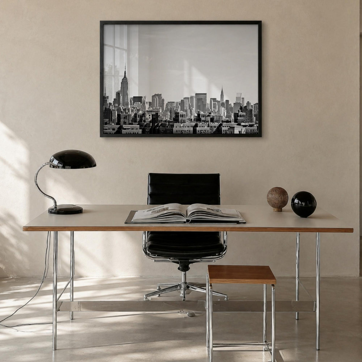 Queens, New York black & white photo poster of New York, USA – horizontal wall art in black wood frame, hanging on wall