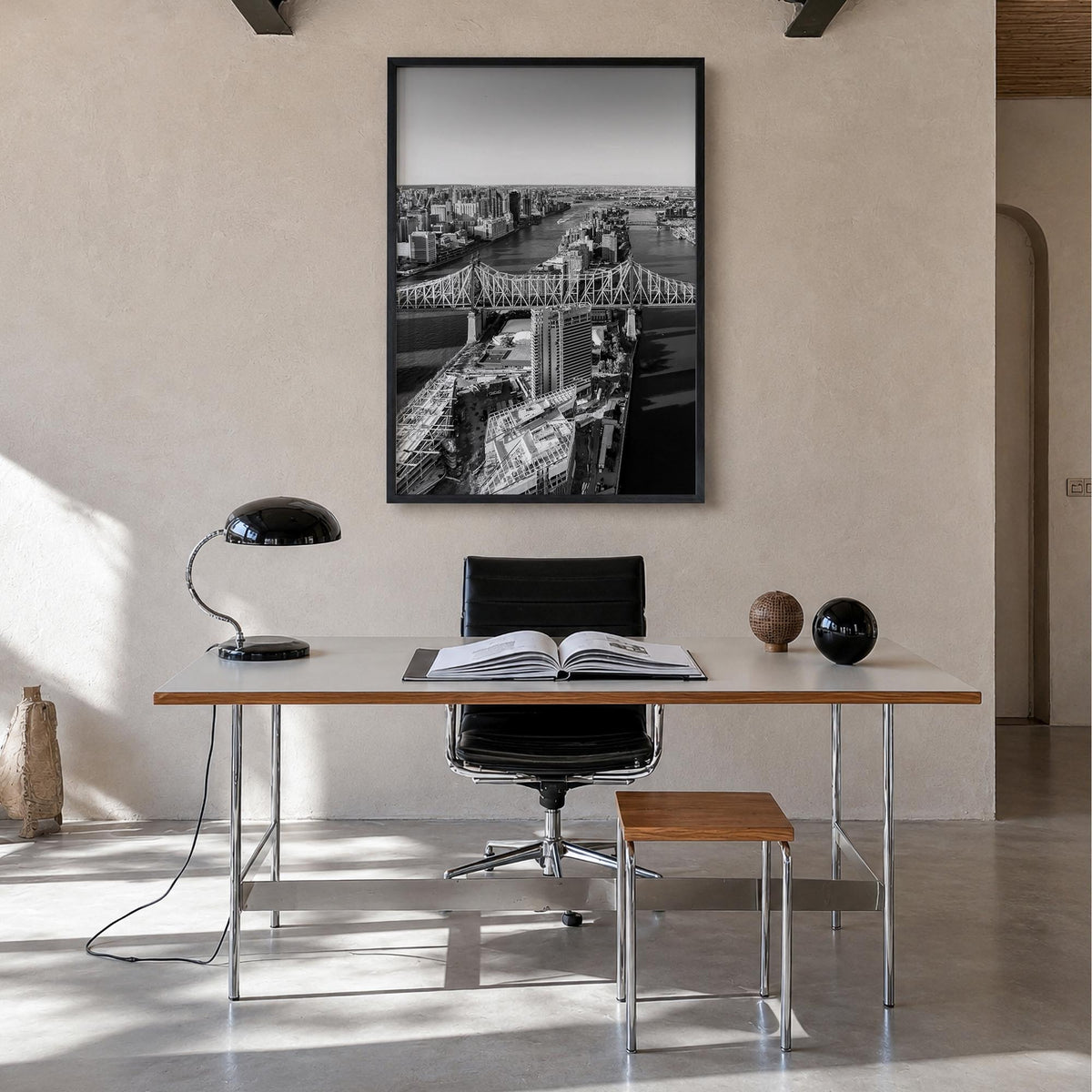 Queens, New York black & white photo poster of New York, USA – vertical wall art in black wood frame, hanging on wall