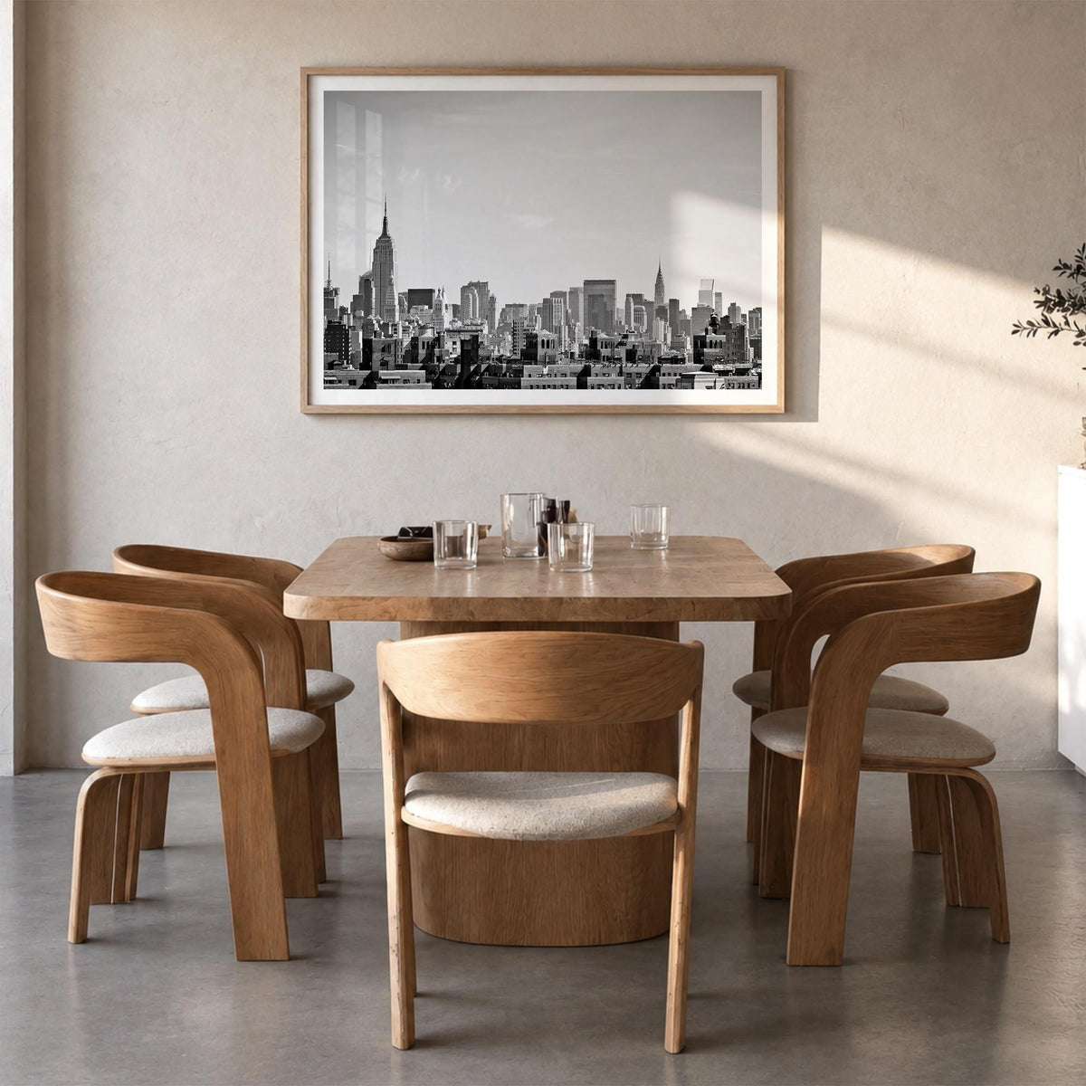 Queens, New York black & white photo poster of New York, USA – horizontal wall art in natural wood frame with white border, h
