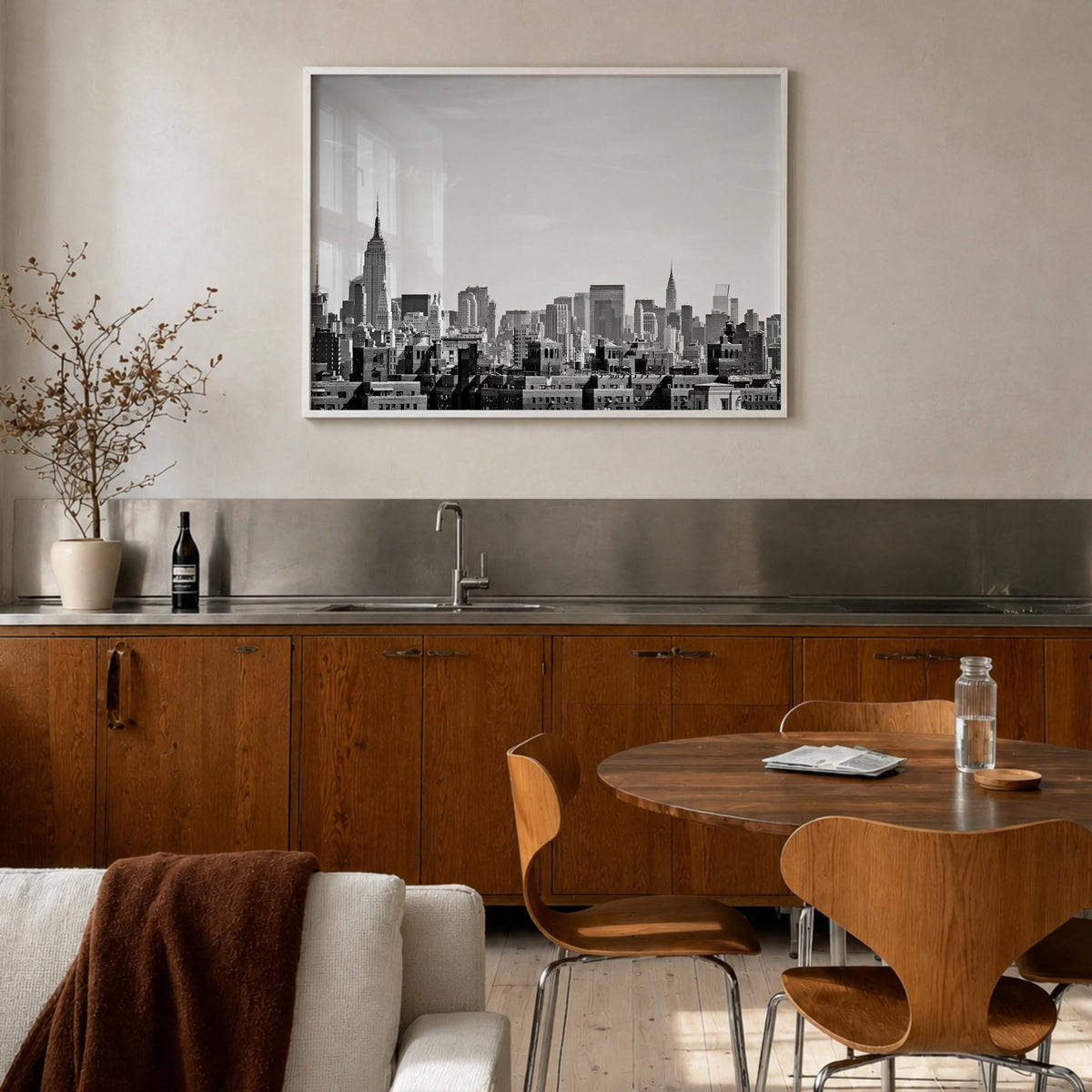 Queens, New York black & white photo poster of New York, USA – horizontal wall art in white wood frame, hanging on wall