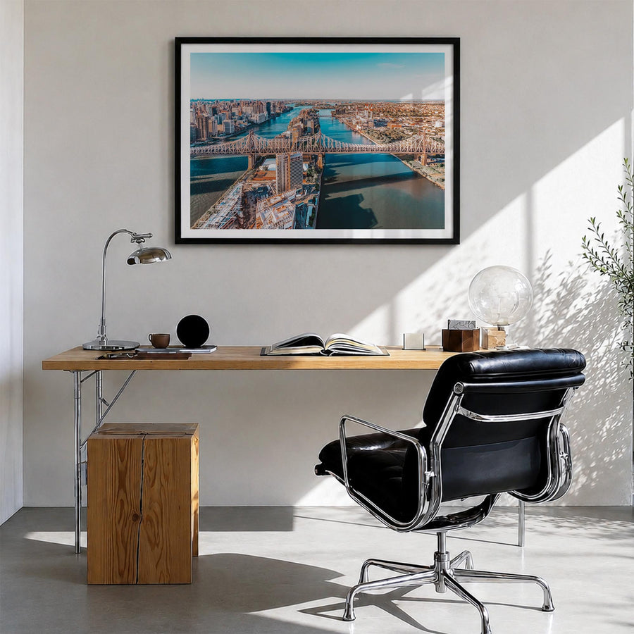 Queens, New York colorful photo poster of New York, USA – horizontal wall art in black wood frame with white border, hanging 