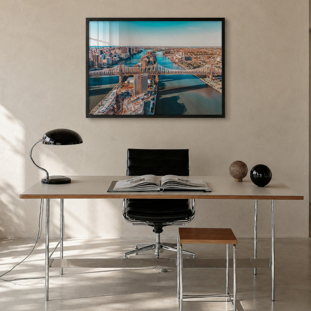 Queens, New York colorful photo poster of New York, USA – horizontal wall art in black wood frame, hanging on wall