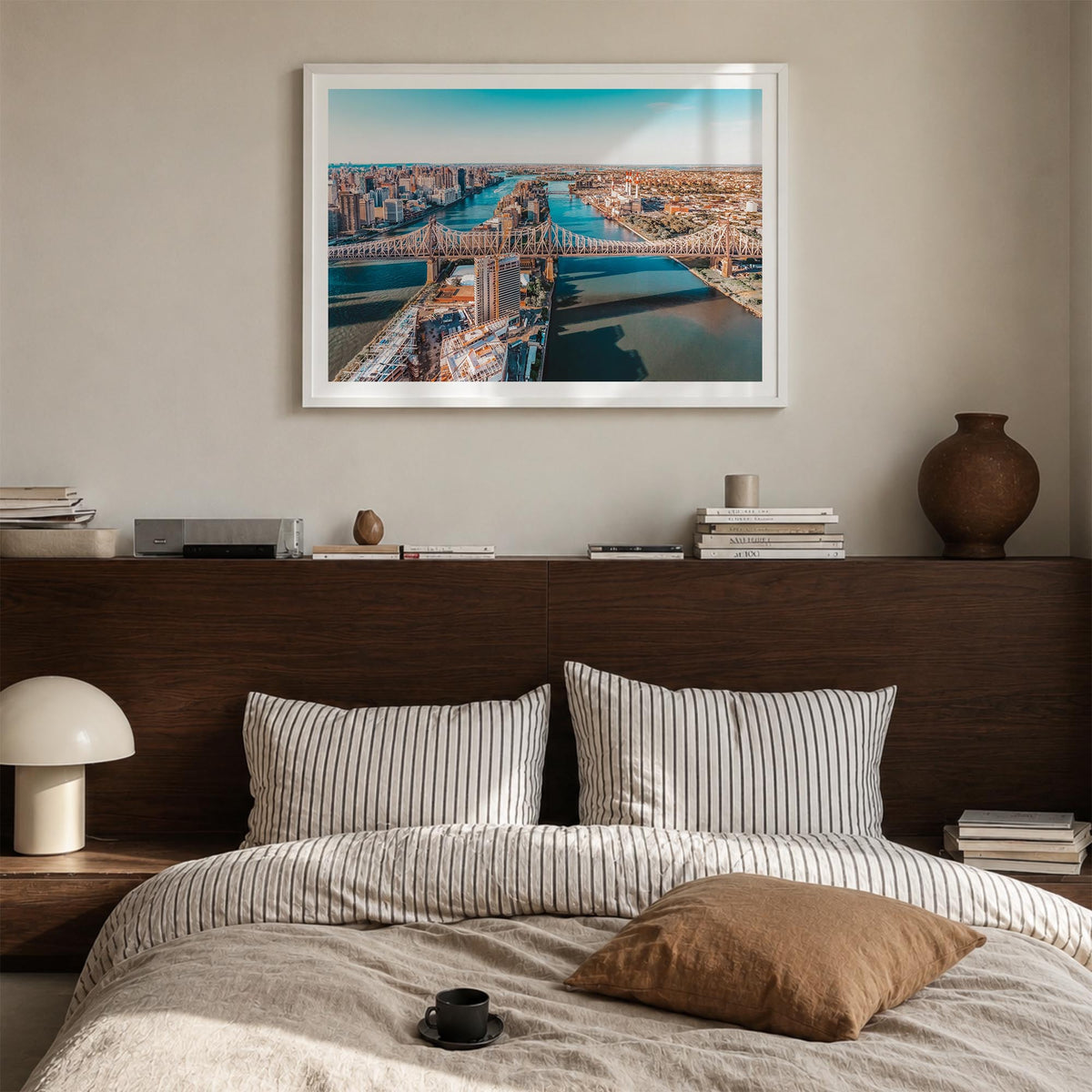 Queens, New York colorful photo poster of New York, USA – horizontal wall art in white wood frame with white border, hanging 