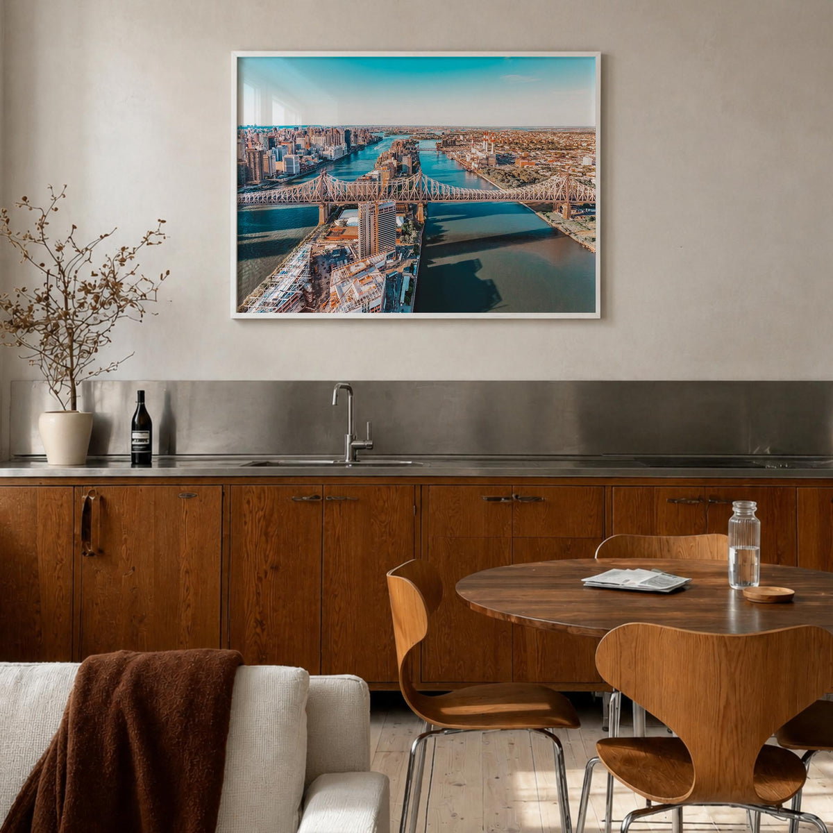 Queens, New York colorful photo poster of New York, USA – horizontal wall art in white wood frame, hanging on wall