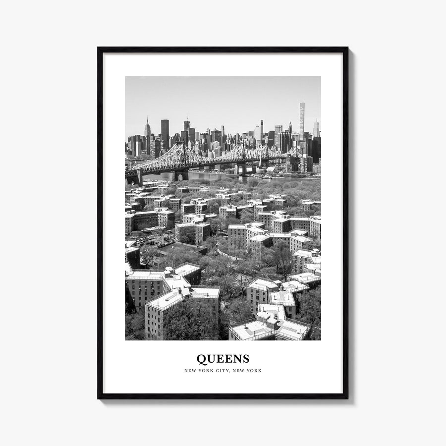 Queens, New York no. 1 black & white classic poster of New York, USA – vertical wall art, unframed print shown in interior mo