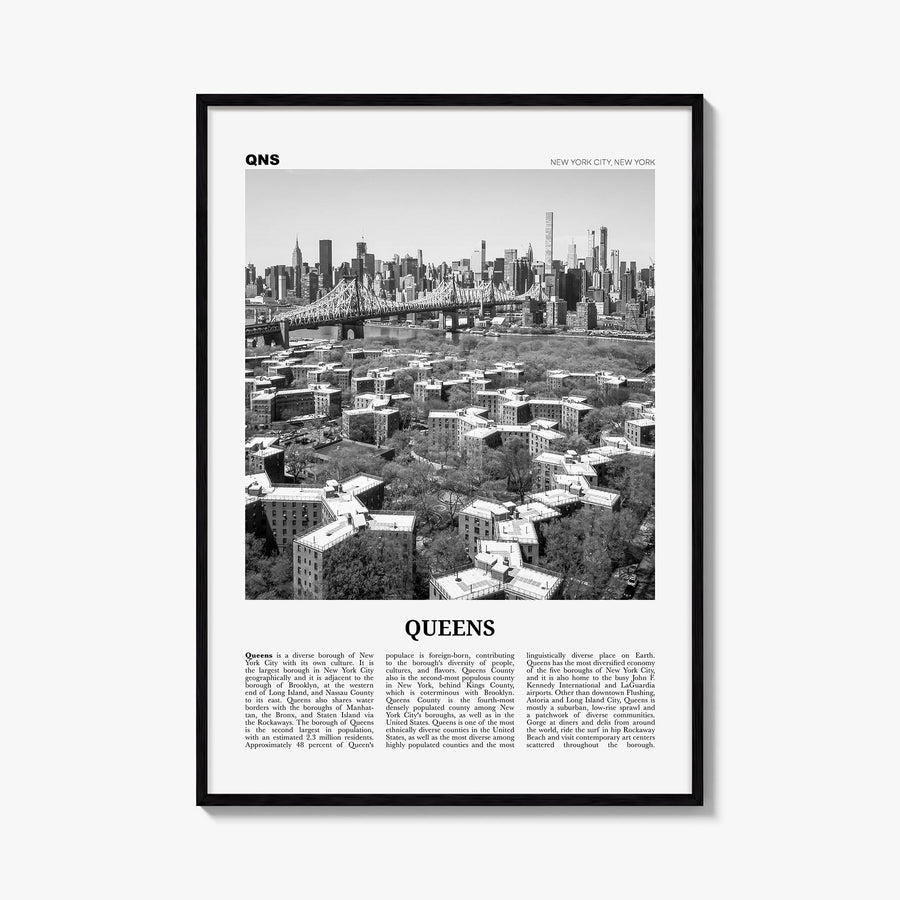 Queens, New York no. 1 black & white newspaper poster of New York, USA – vertical wall art, unframed print shown in interior 
