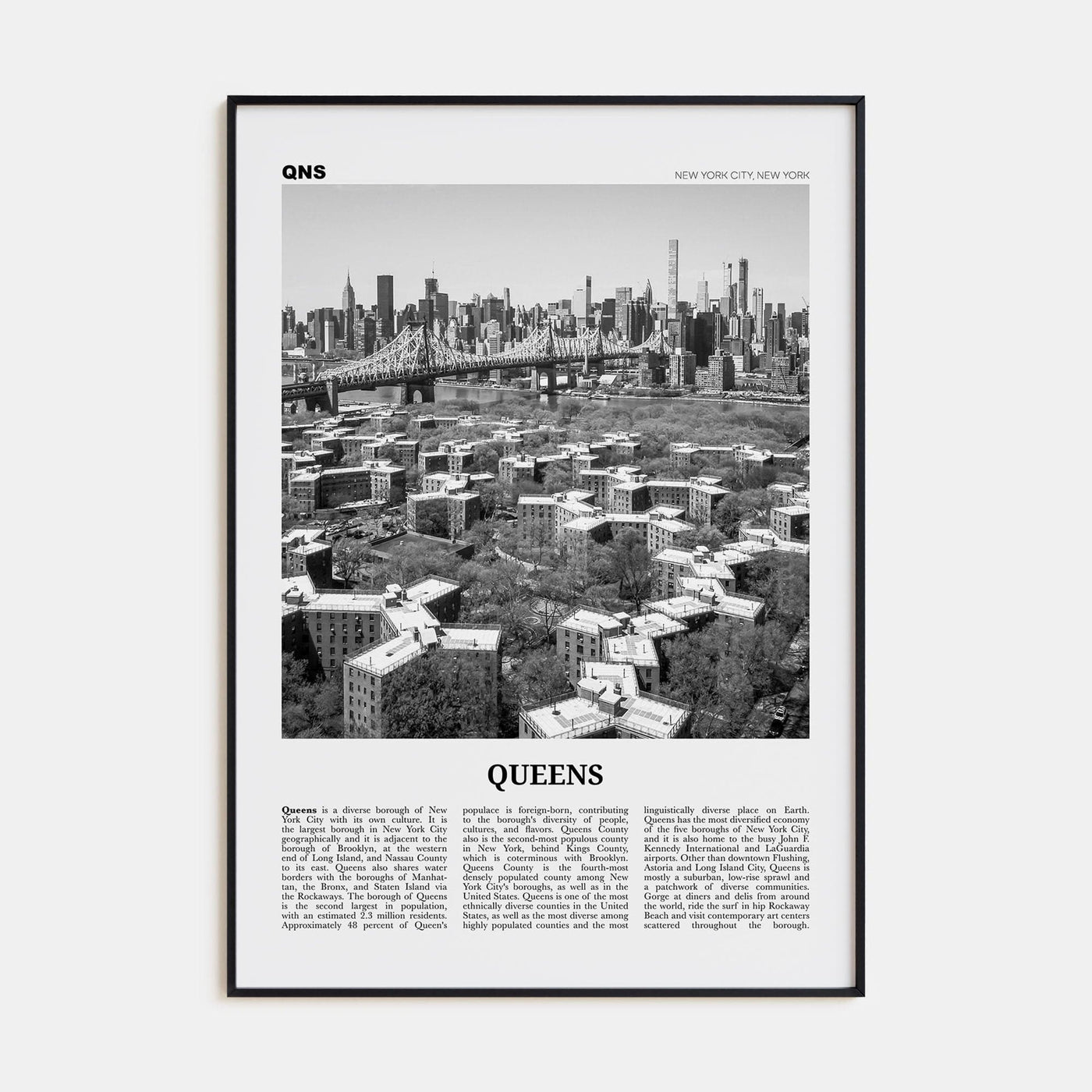 Queens, New York No 1 Poster Black Metal / 8x12 in Nbourhood Travel B&W Poster