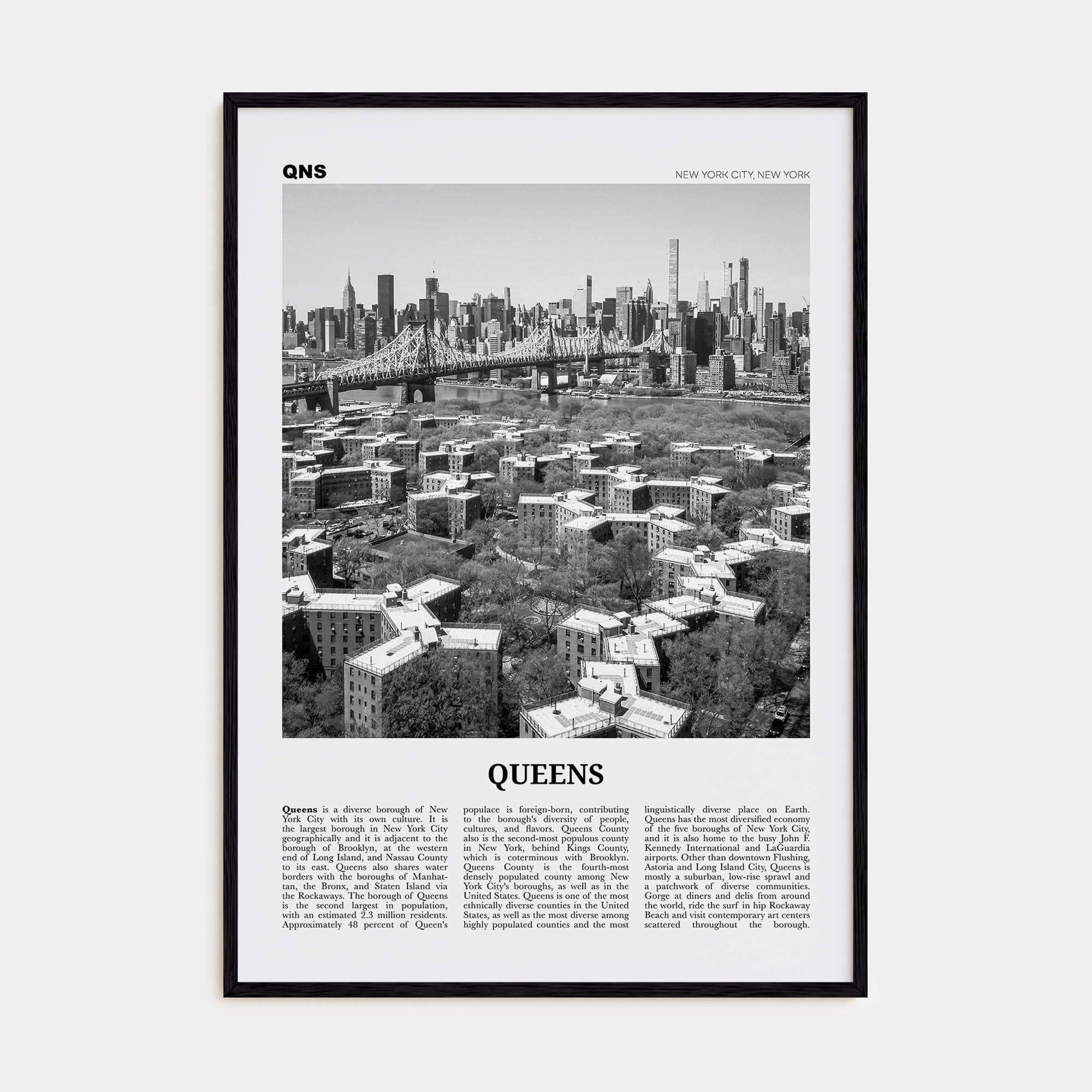 Queens, New York No 1 Poster Black Wood / 8x12 in Nbourhood Travel B&W Poster