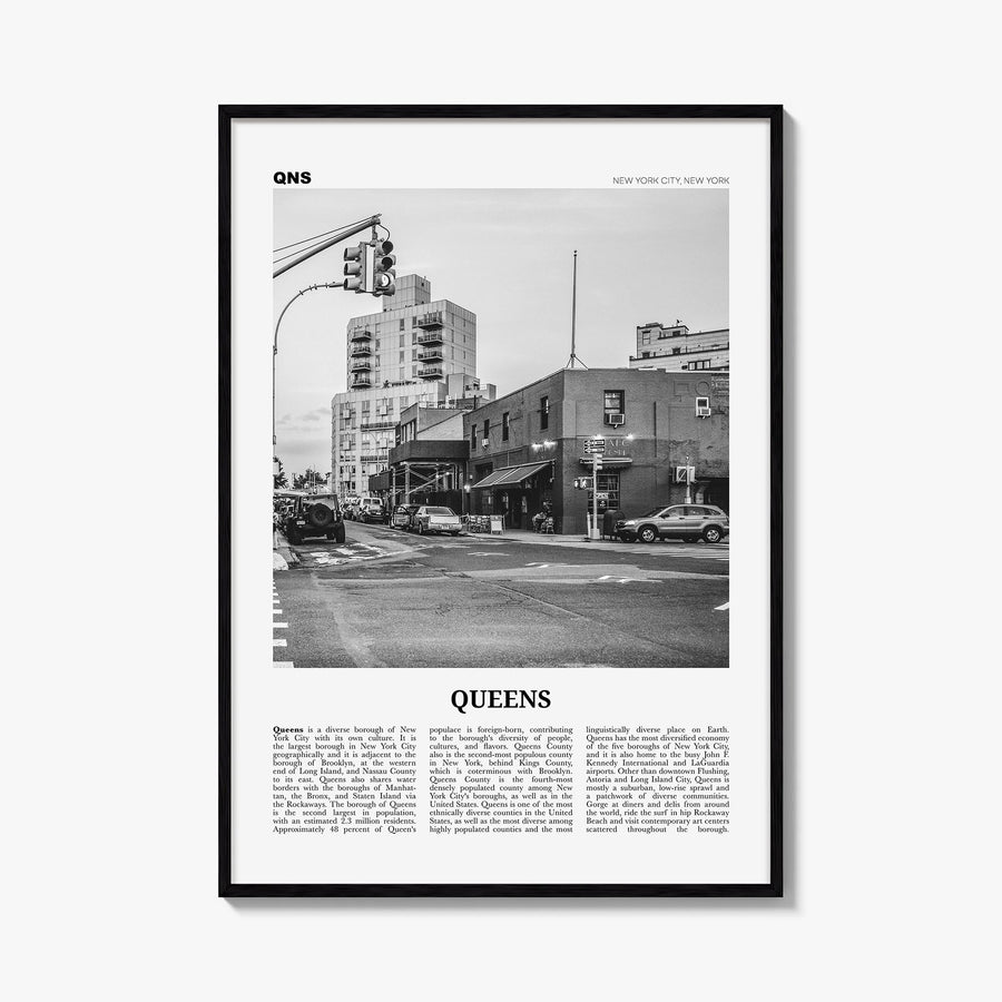 Queens, New York no. 2 black & white newspaper poster of New York, USA – vertical wall art, unframed print shown in interior 
