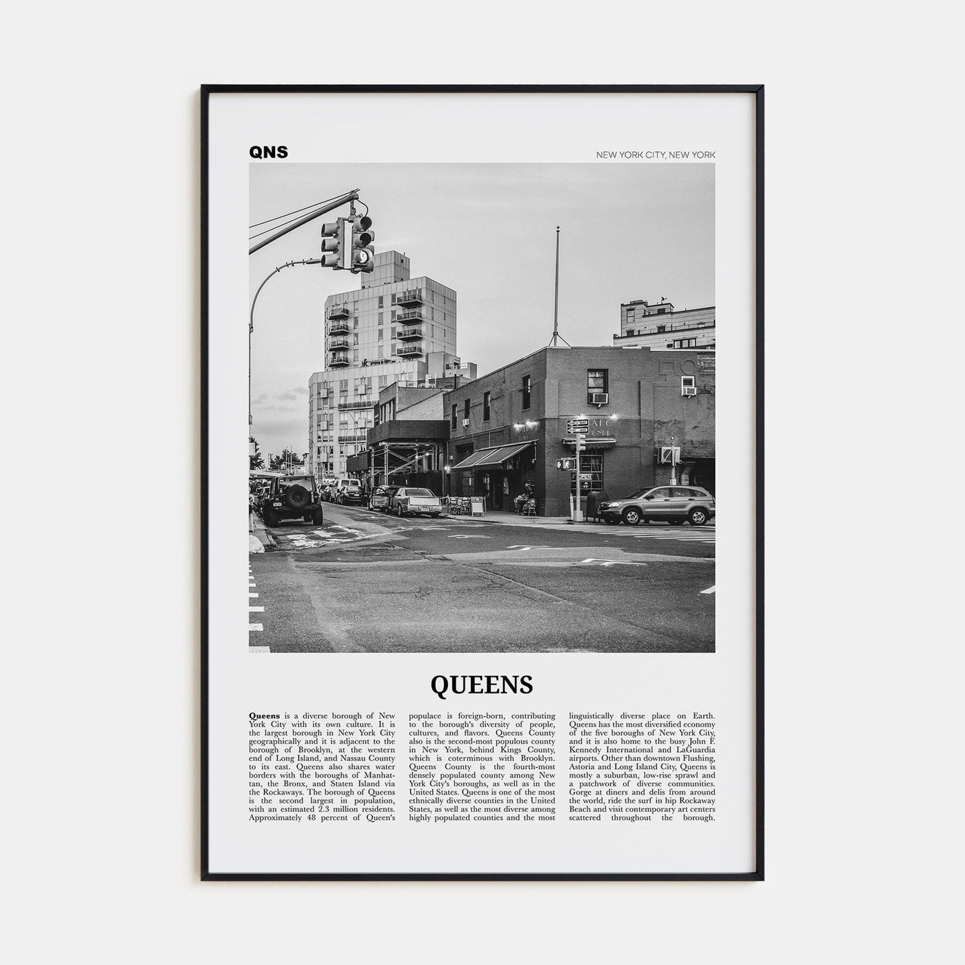 Queens, New York No 2 Poster Black Metal / 8x12 in Nbourhood Travel B&W Poster