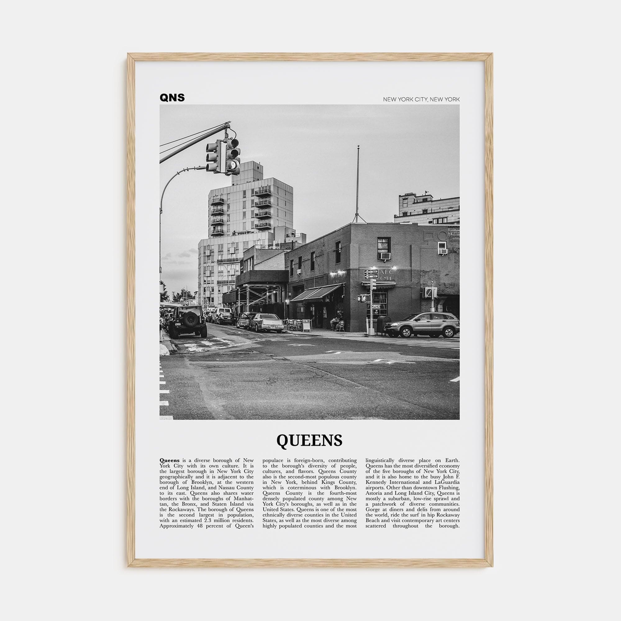 Queens, New York No 2 Poster Natural Wood / 8x12 in Nbourhood Travel B&W Poster