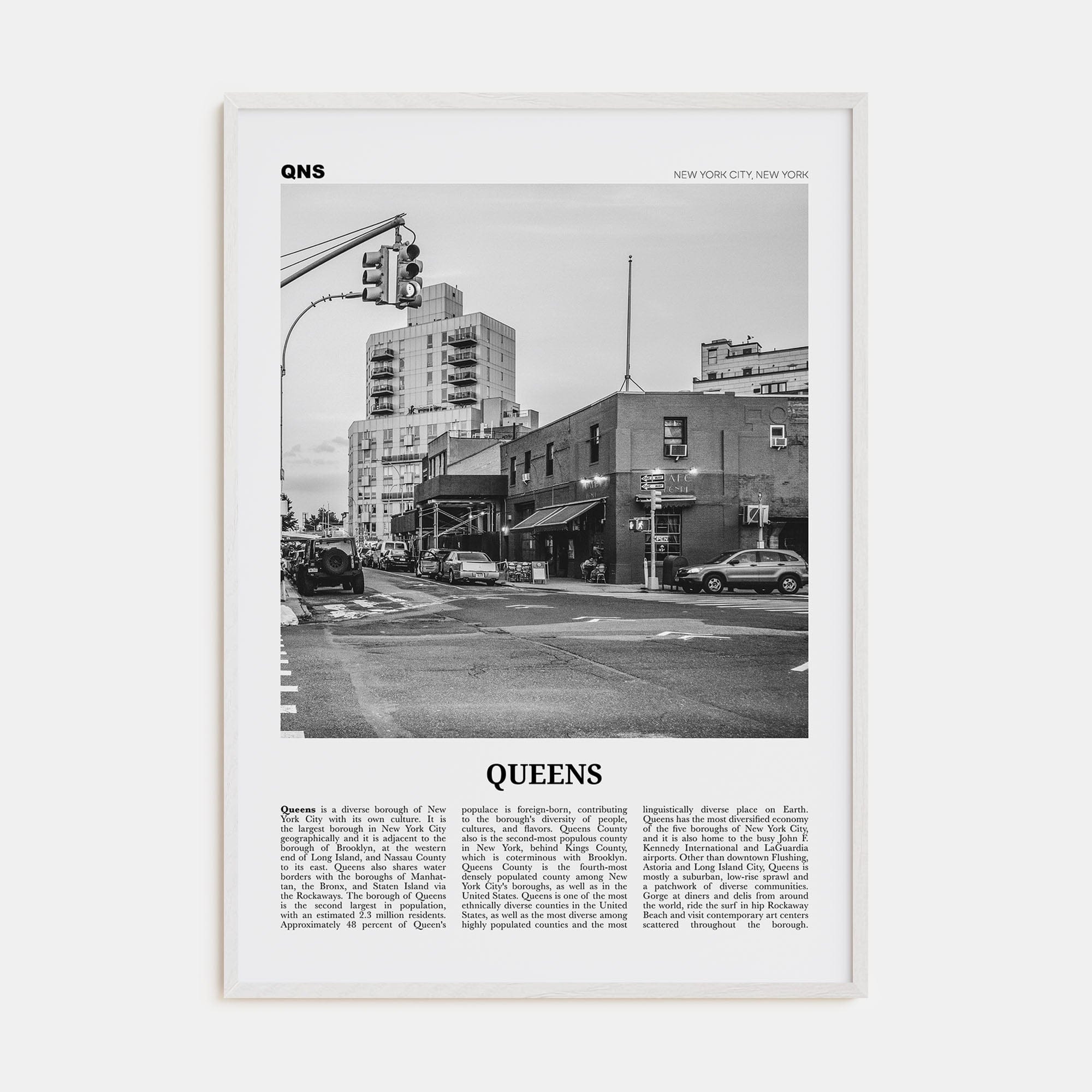 Queens, New York No 2 Poster White Wood / 8x12 in Nbourhood Travel B&W Poster