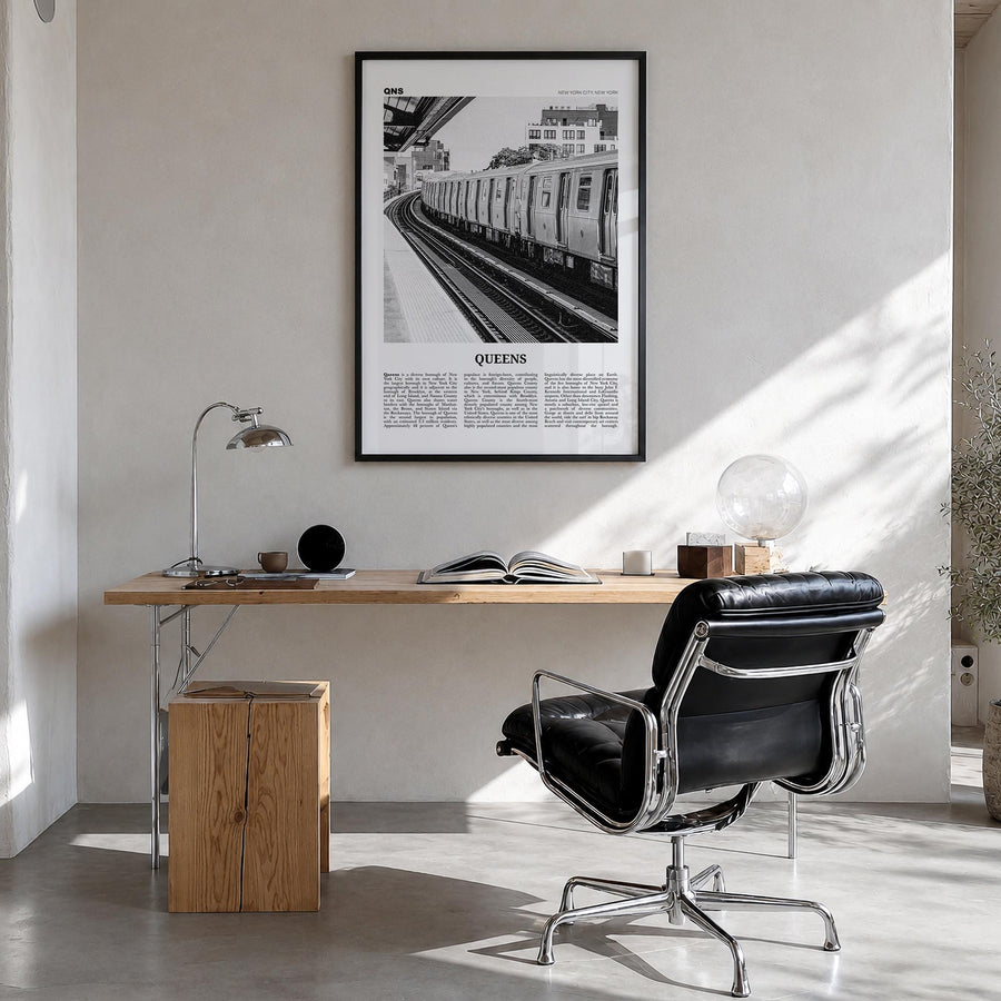 Queens, New York no. 3 black & white newspaper poster of New York, USA – vertical wall art in black wood frame, hanging on wa