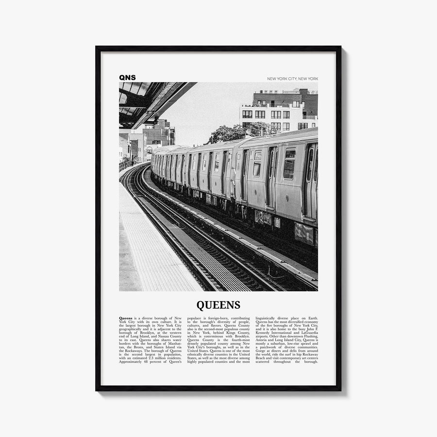 Queens, New York no. 3 black & white newspaper poster of New York, USA – vertical wall art, unframed print shown in interior 