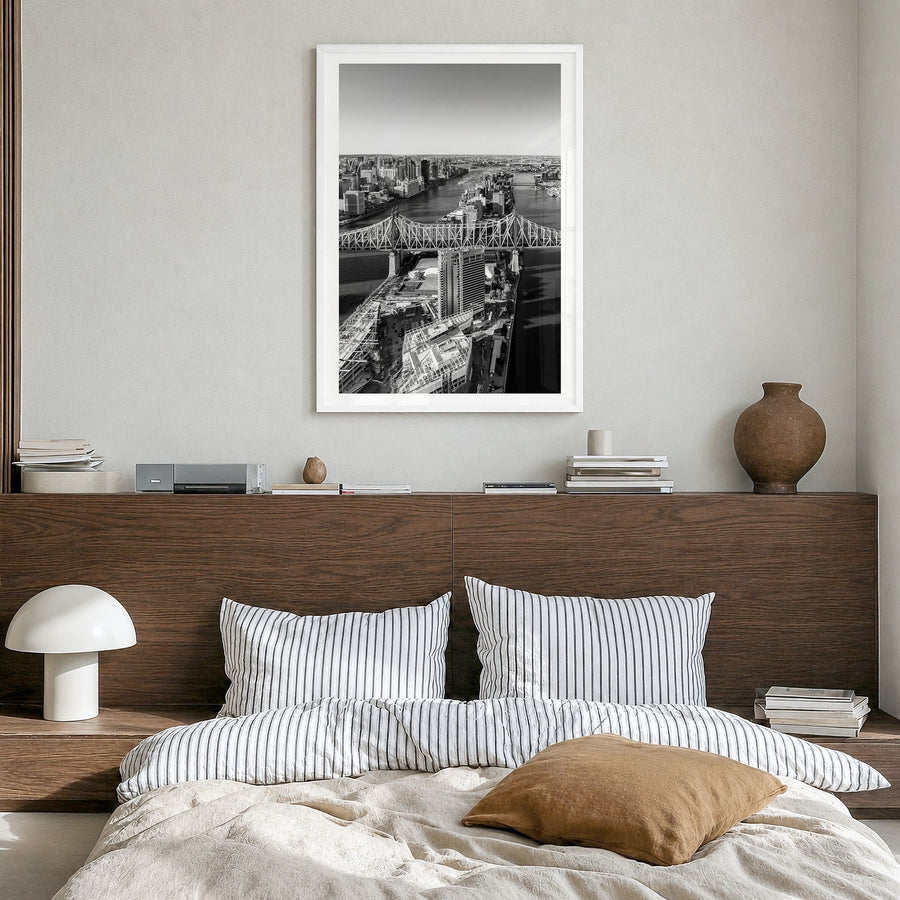 Queens, New York Photo Poster in a white wood frame, hanging in a bedroom, white border