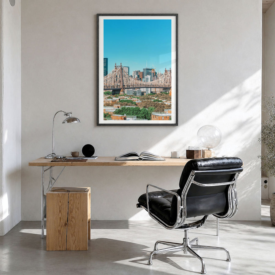 Queens, New York Photo No 1 Poster in a black wood frame, hanging in a bright home office, white border