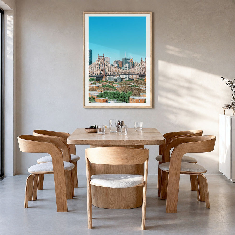 Queens, New York Photo No 1 Poster in a natural wood frame, hanging in a dining room, white border