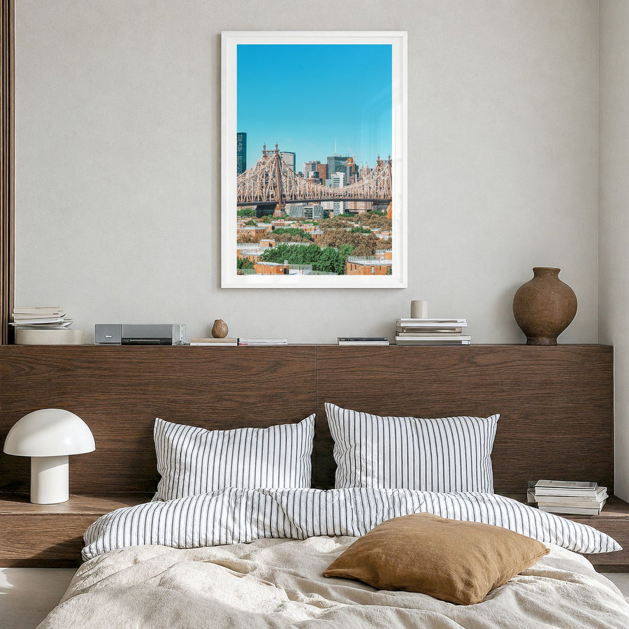 Queens, New York Photo No 1 Poster in a white wood frame, hanging in a bedroom, white border
