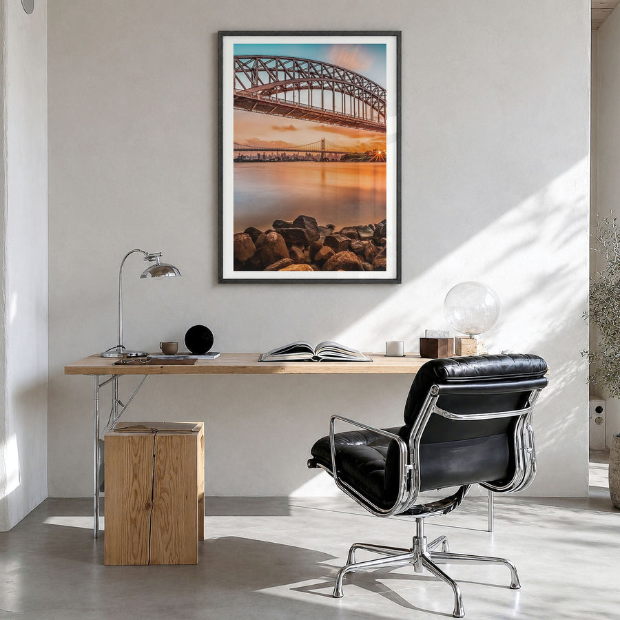 Queens, New York Photo No 2 Poster in a black wood frame, hanging in a bright home office, white border