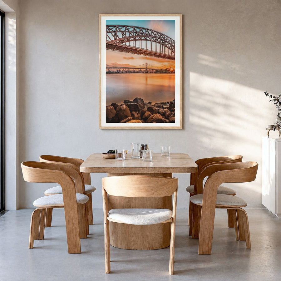 Queens, New York Photo No 2 Poster in a natural wood frame, hanging in a dining room, white border