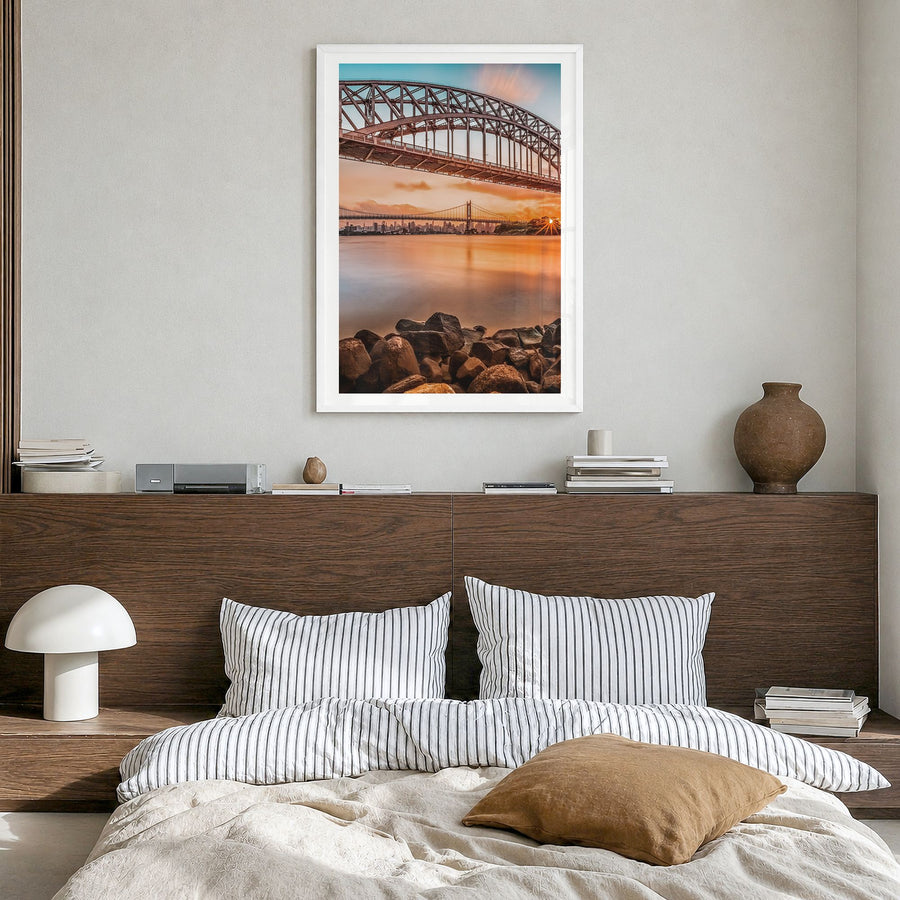 Queens, New York Photo No 2 Poster in a white wood frame, hanging in a bedroom, white border