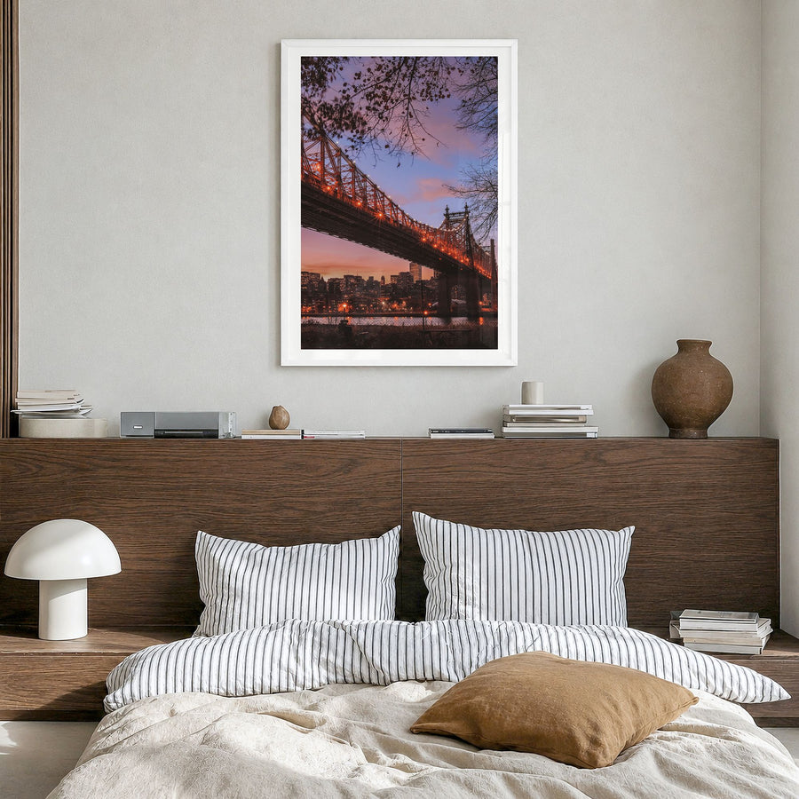 Queens, New York Photo No 3 Poster in a white wood frame, hanging in a bedroom, white border