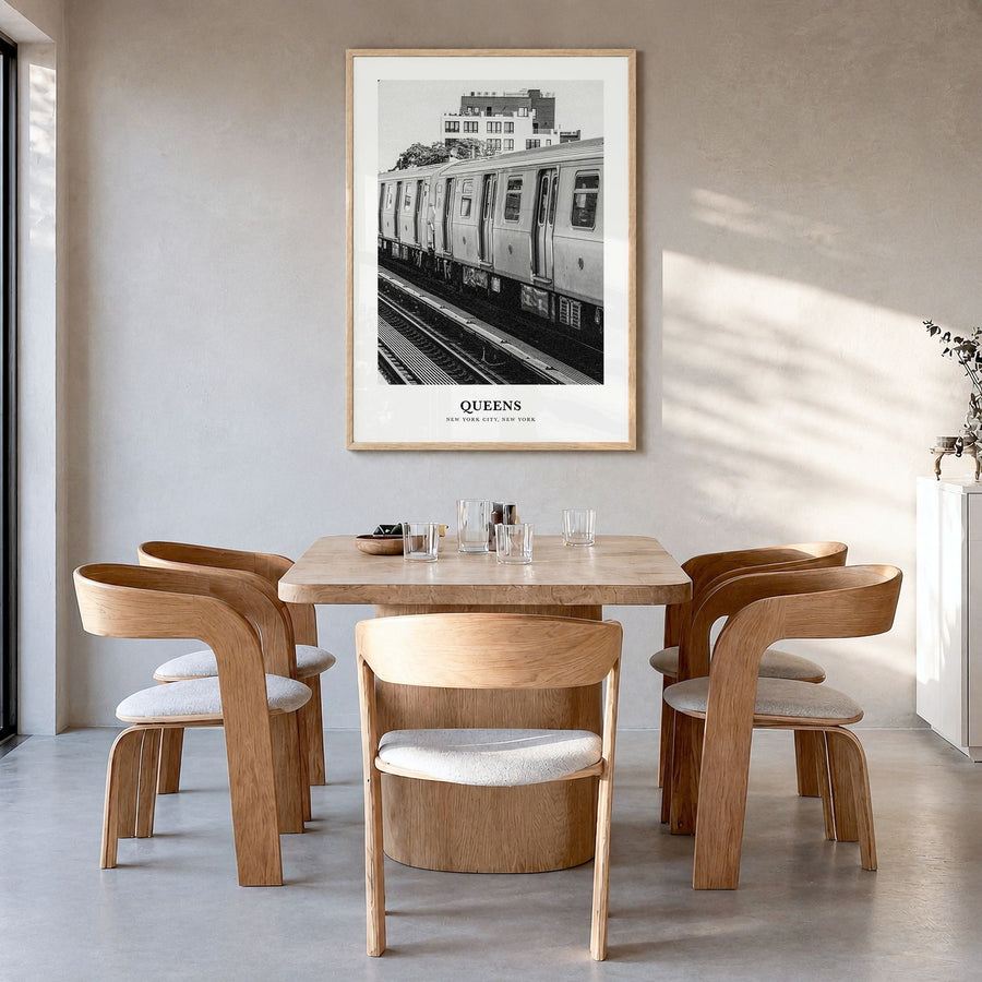 Queens, New York Classic No 3 Poster in a natural wood frame, hanging in a dining room