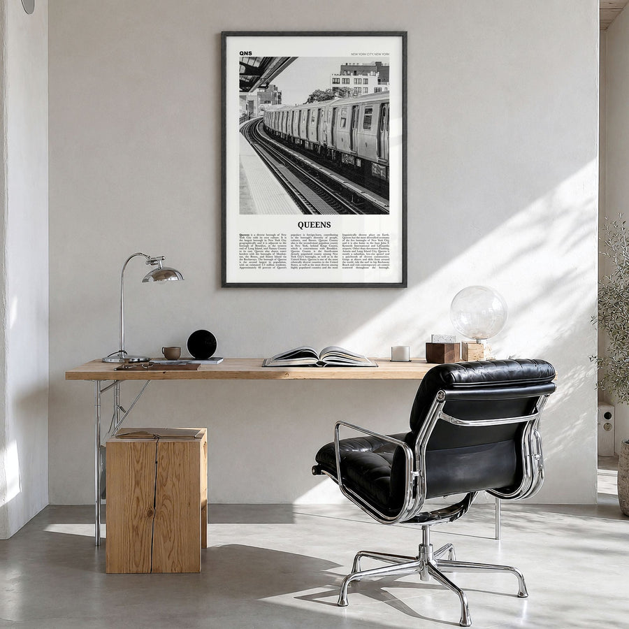 Queens, New York Newspaper No 3 Poster in a black wood frame, hanging in a bright home office