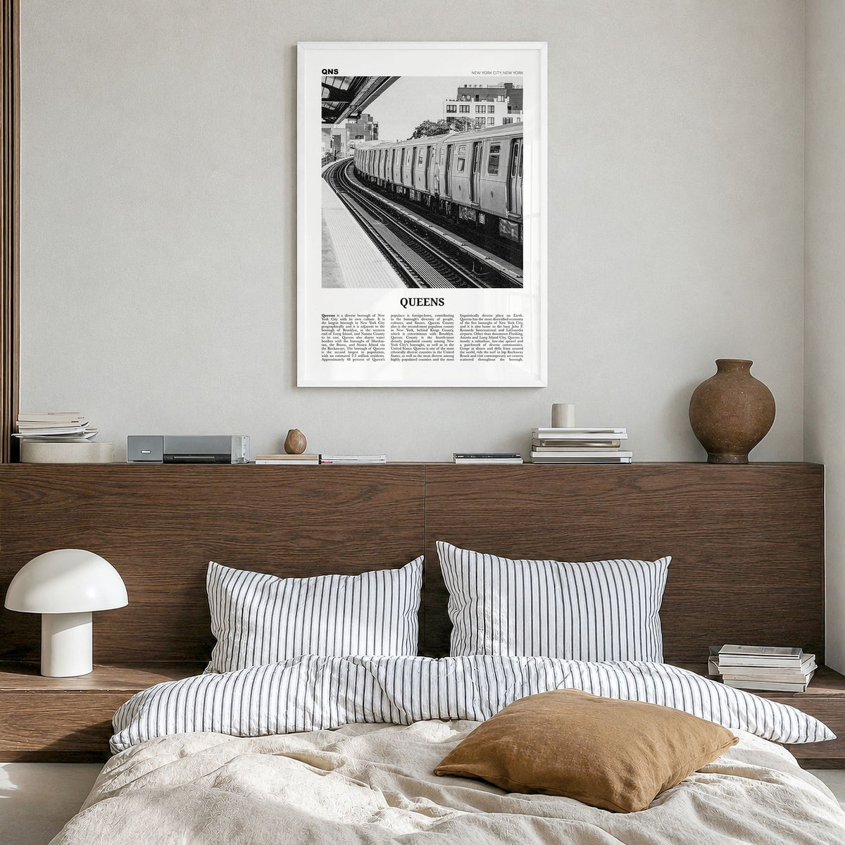 Queens, New York Newspaper No 3 Poster in a white wood frame, hanging in a bedroom
