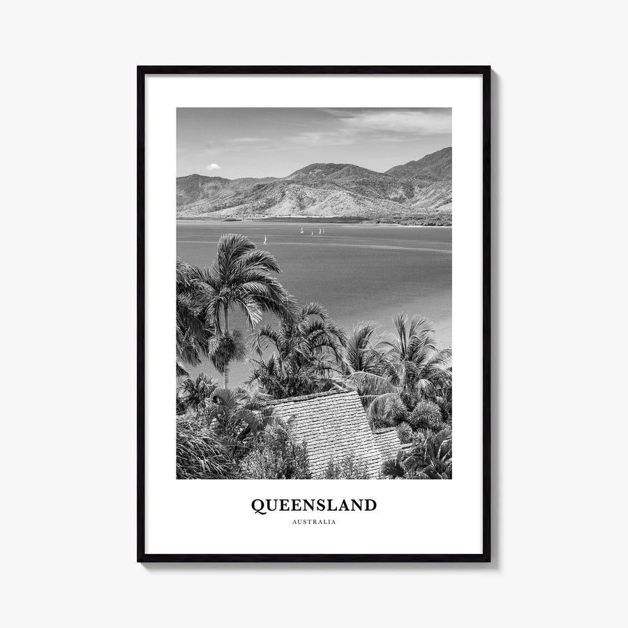 Queensland black & white classic poster of Australia – vertical wall art, unframed print shown in interior mockup