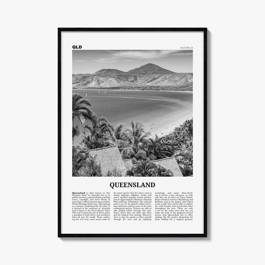 Queensland black & white newspaper poster of Australia – vertical wall art, unframed print shown in interior mockup
