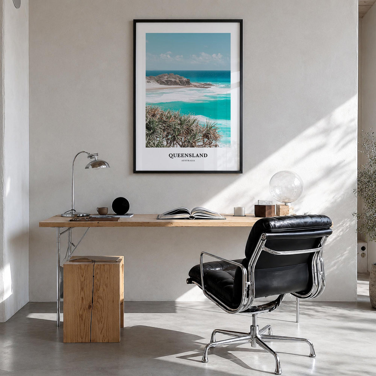 Queensland colorful classic poster of Australia – vertical wall art in black wood frame, hanging on wall